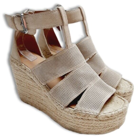 MARC FISHER \ Perforated Suede Open Toe Rope Platform Wedge Shoe Cream Beige 9 - Picture 1 of 16